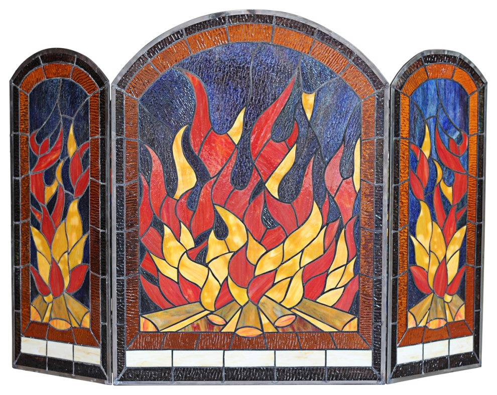 Chloe Lighting Flame Tiffany-Style 3Pcs Arched Folding Fireplace Screen 42" Wide