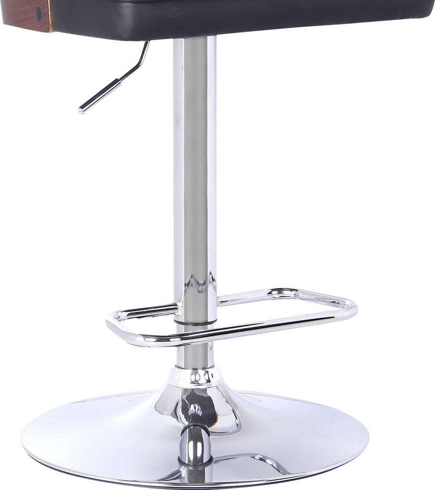 Soles Barstool, Chrome Finish With Walnut Wood and Black Faux Leather