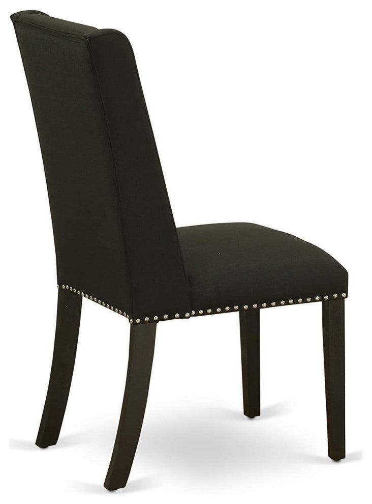 Set of 2 Parson Dining Chairs, Nailhead Trim, Linen Fabric Upholstered, Black