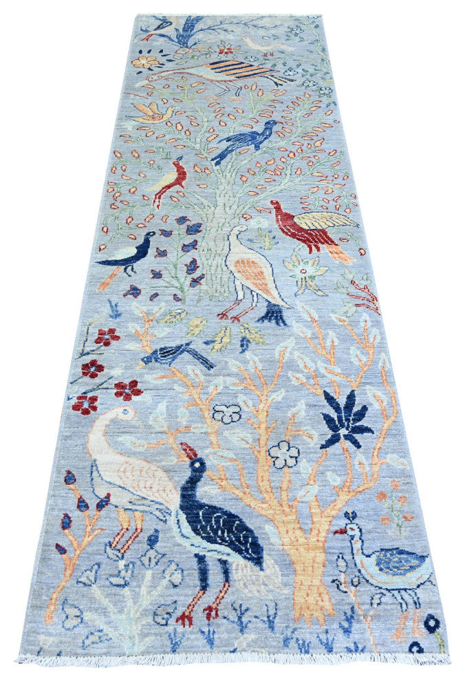 Chrome Gray 100% Wool Afghan Peshawar Hand Knotted Runner Rug, 2'6"x7'10"