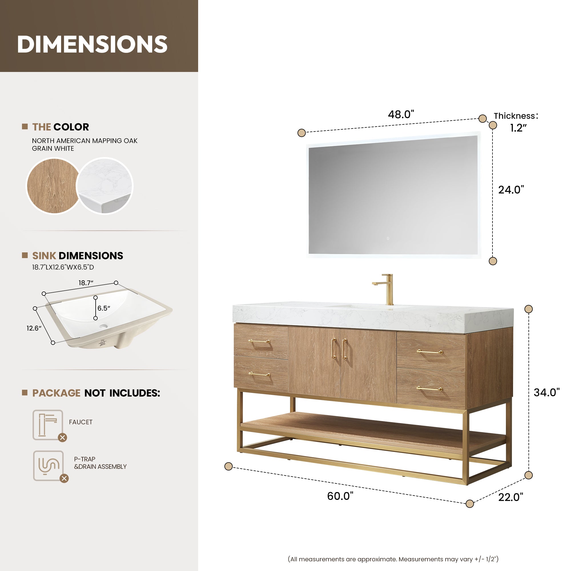 Alistair Vanity, North American Oak With Countertop, 60", With Mirror