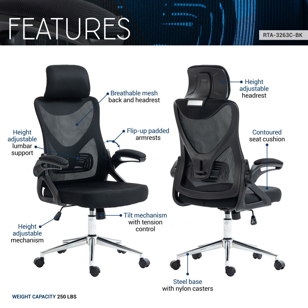 Techni Mobili Ergonomic Office Chair, Black
