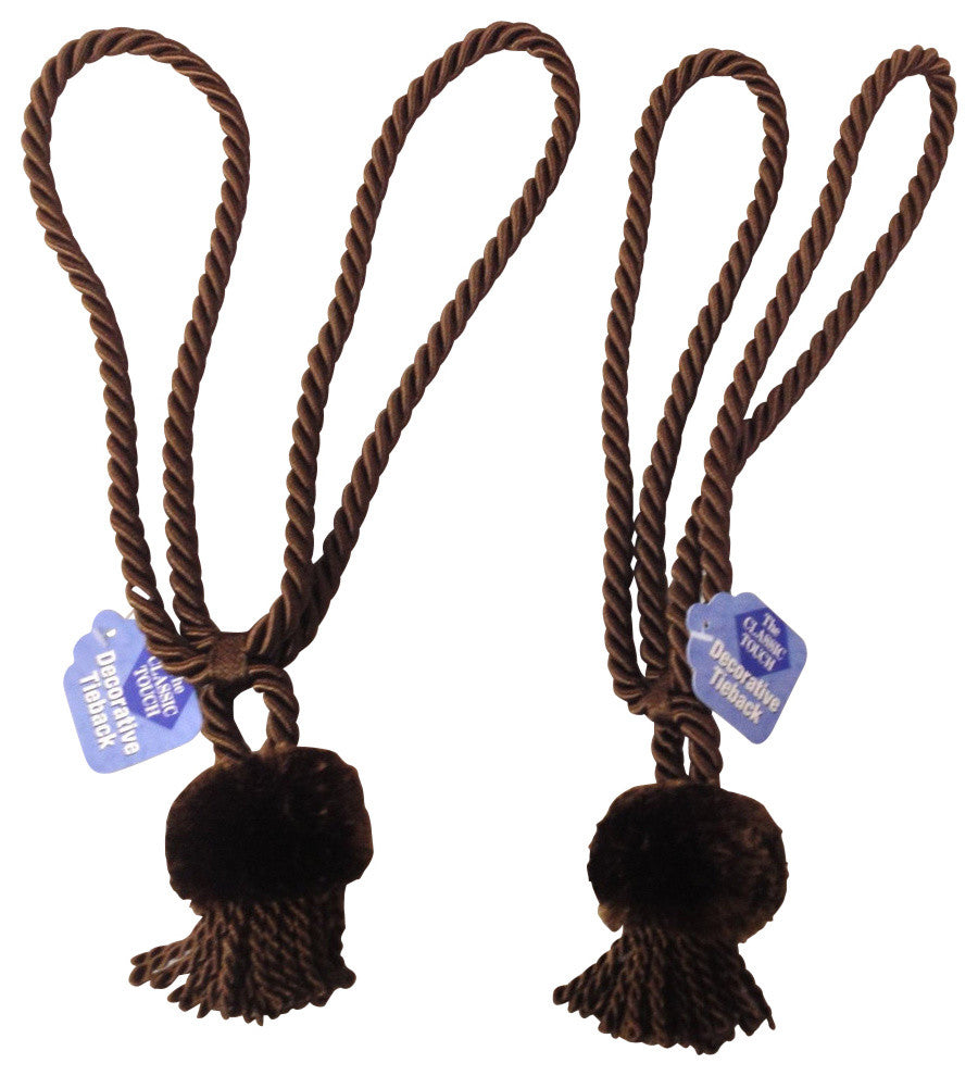 Set Of 2 Rope Cord Curtain Tie Backs With Tassel, Chocolate
