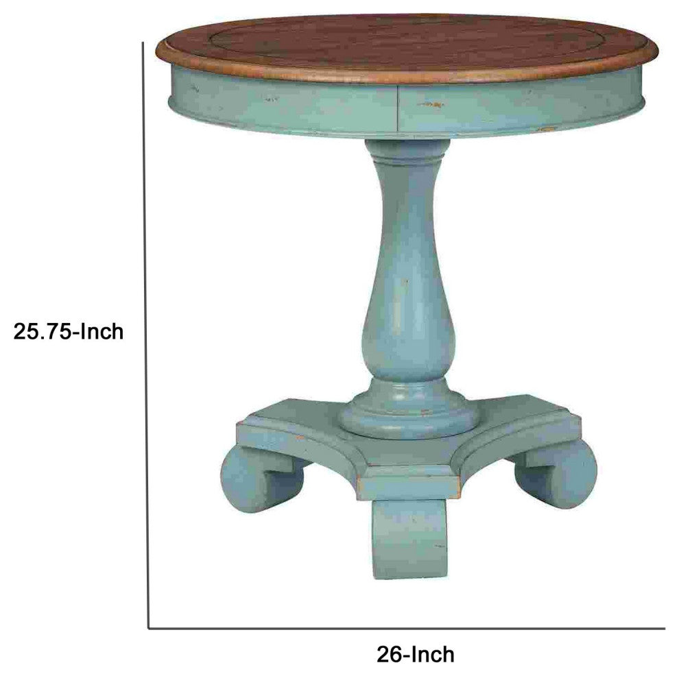 Benzara BM266419 Wooden Accent Table With Round Tabletop, Teal Blue and Brown