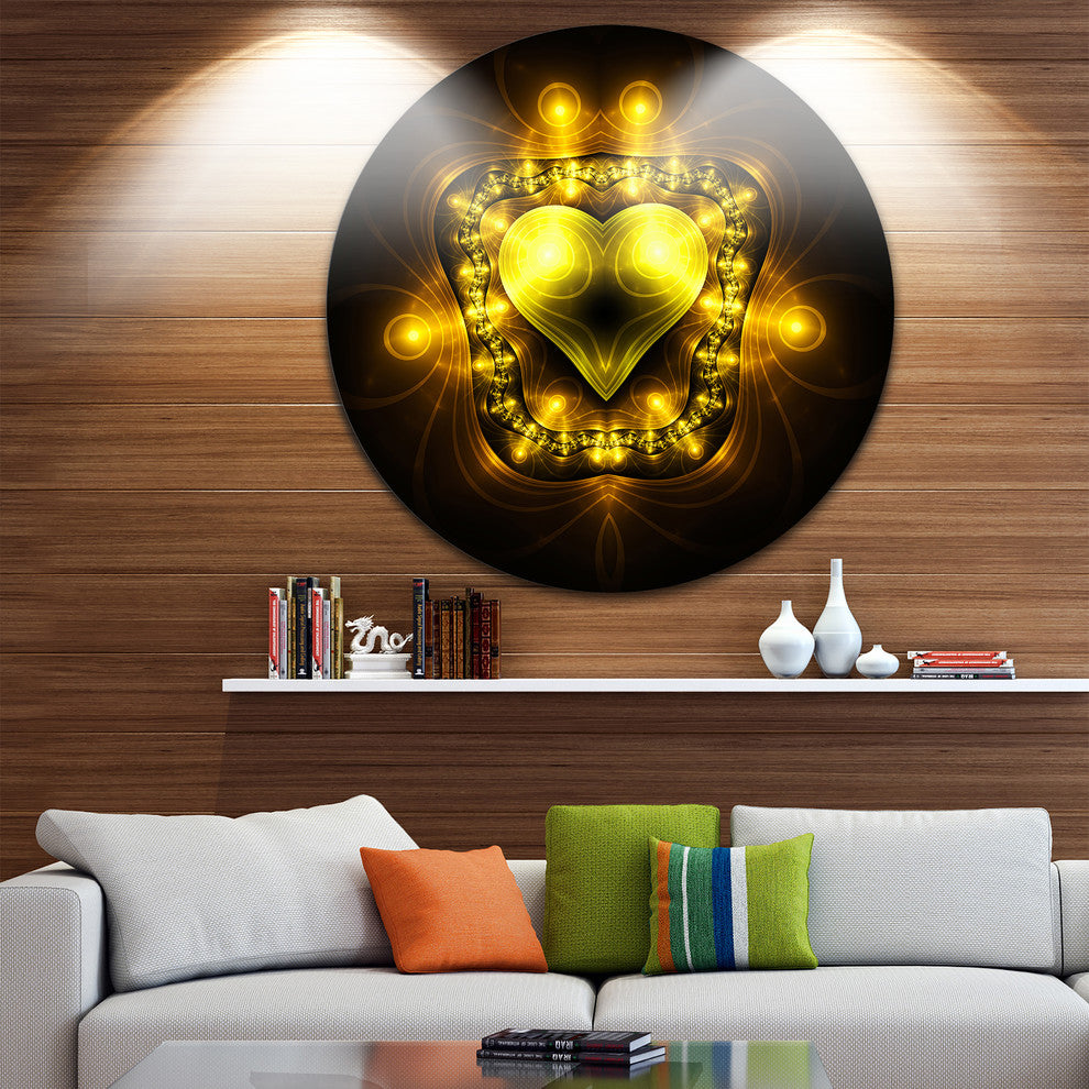 Bright Yellow In Black Fractal Flower, Abstract Disc Metal Artwork, 11"