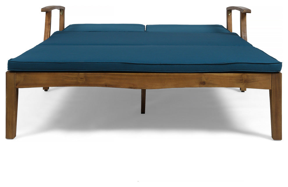 GDF Studio Samantha Outdoor Acacia Wood Double Chaise Lounge, Teak Finish/Blue