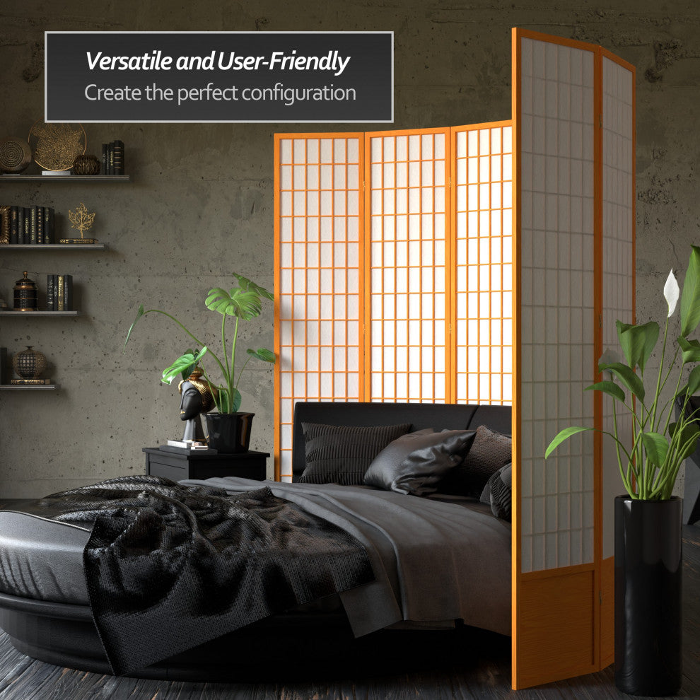 7' Tall Window Pane Shoji Screen, Honey, 4 Panels
