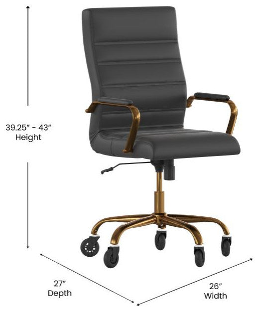 Whitney High Back Executive Swivel Office Chair with Black Frame & Arms, Black Leathersoft/Gold Frame