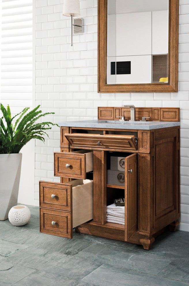 Bristol 30" Vanity, Saddle Brown, Arctic Fall Solid Surface Top