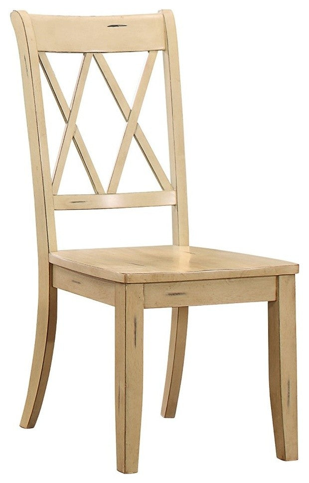 Benzara BM179834 Pine Veneer Side Chair With Double X-Cross Back, Sand, Set of 2