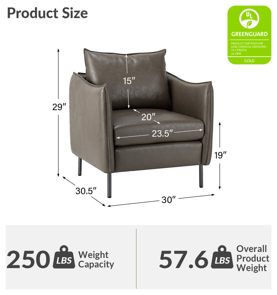 Traditional Leather Armchair With Metal Legs, Gray
