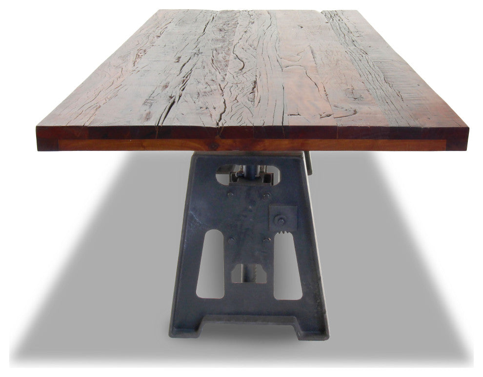Industrial Dining Table - Cast Iron Base - Adjustable Height - Rustic Mahogany