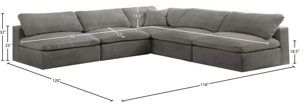 Cozy Velvet Upholstered Comfort L-Shaped Modular Sectional, Grey, 5-Piece: 4 Armless Chair, 1 Corner Chair