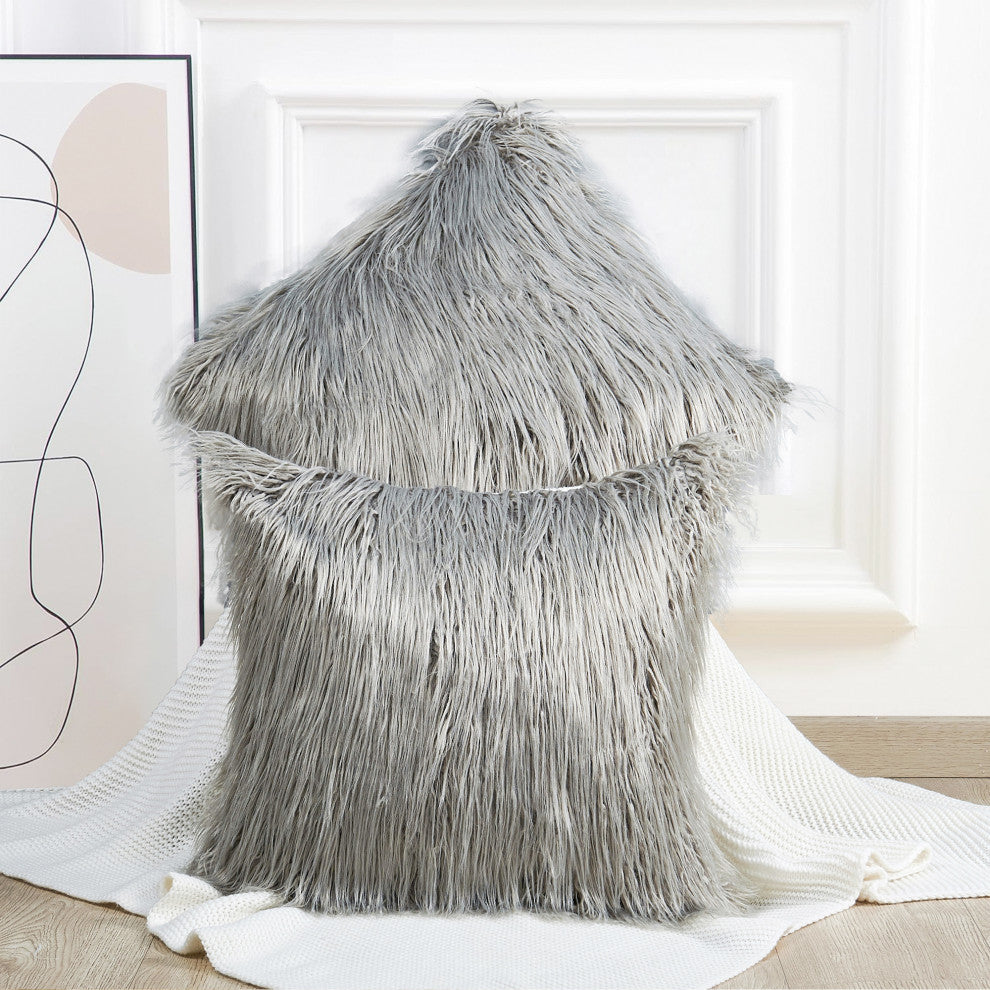 Mongolian Faux Fur Pillow Shell Set, Gray, 20"x20"