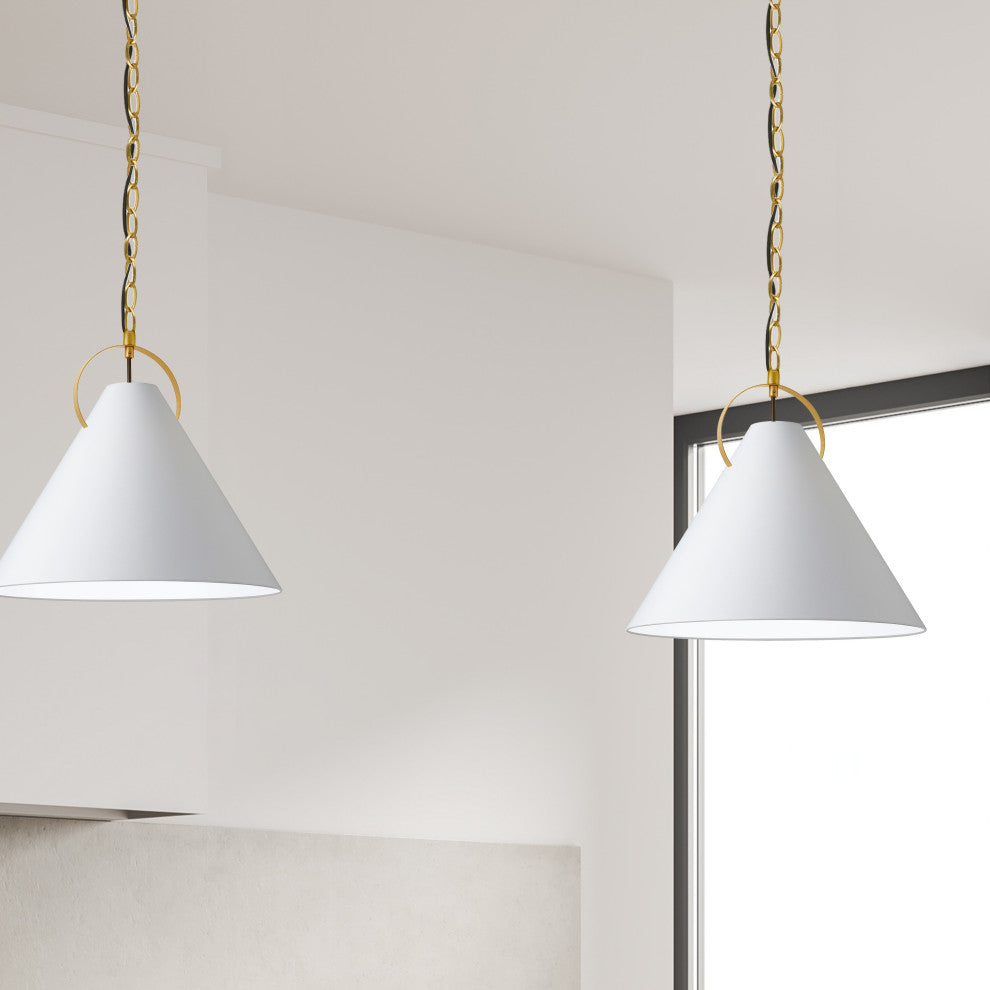 White Contemporary Pendant With Gold Metal