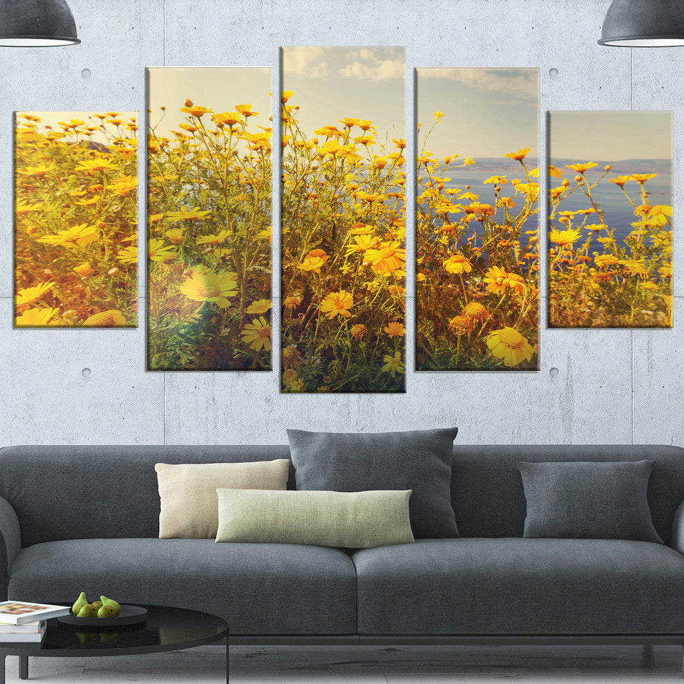 Wild Yellow Flowers Meadow, Floral Canvas Art Print, 60"x32", 5 Panels