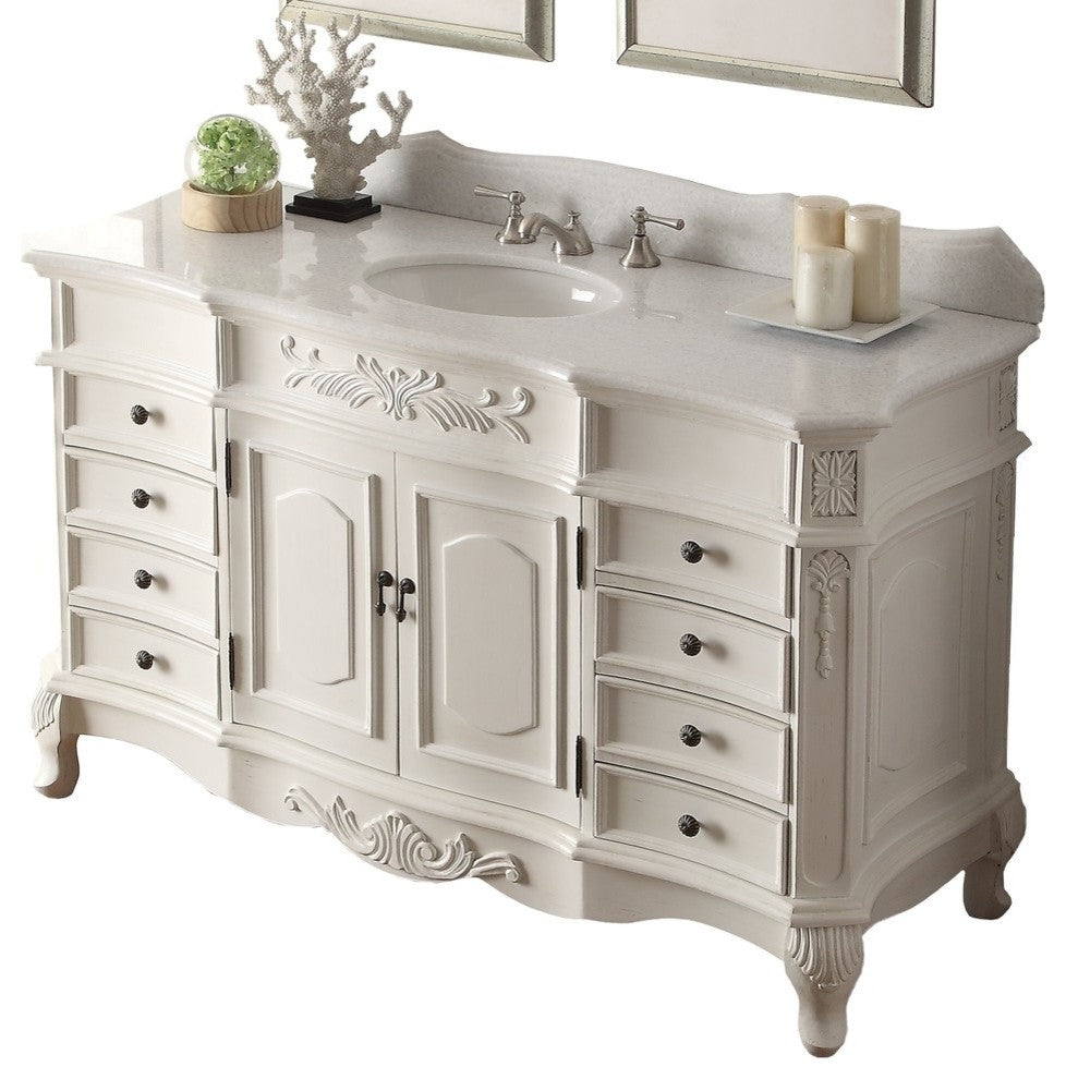 56" Antique-Style White Morton Bathroom Sink Vanity