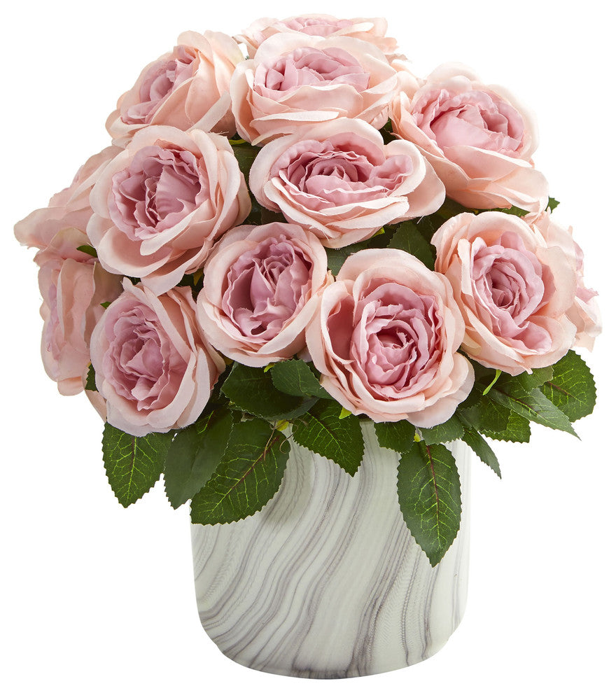 Rose Artificial Arrangement in Marble Finish Vase, Pink