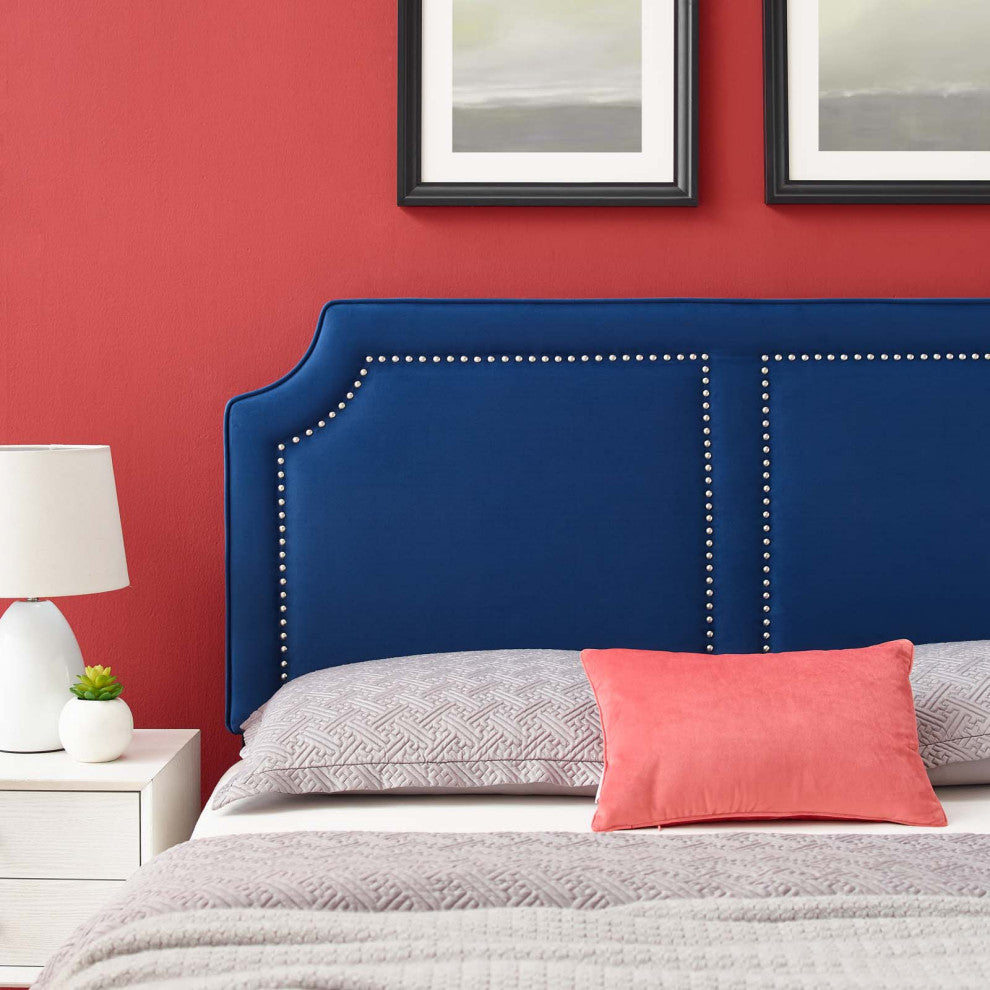 Headboard, Nailhead, King California, Blue Navy, Velvet, Modern, Mid Century