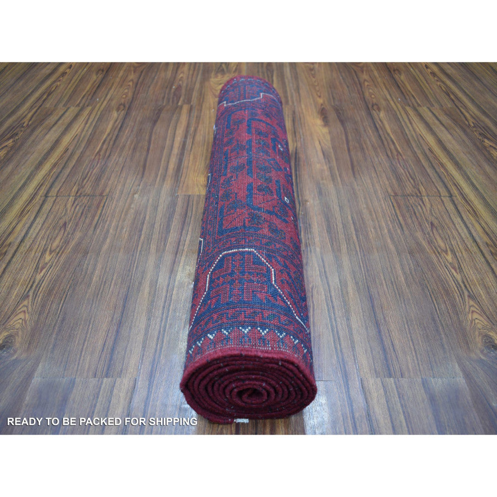Deep And Saturated Red, Hand Knotted Afghan Khamyab Wool Runner Rug, 2'7"x9'7"
