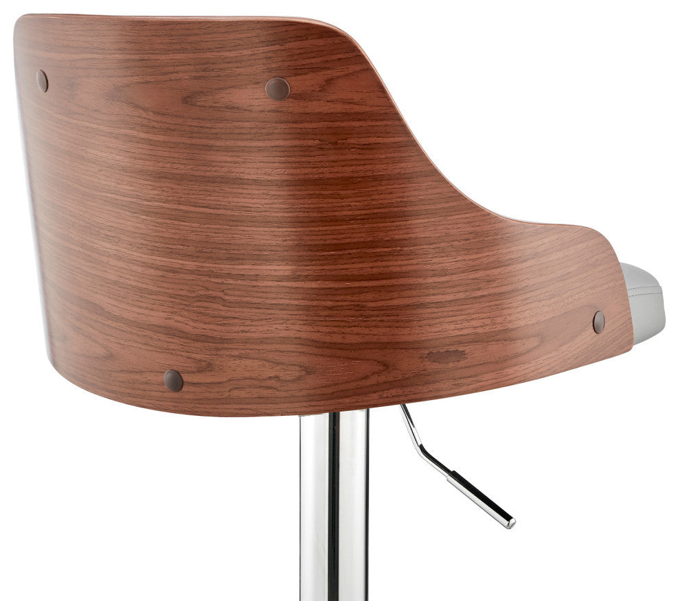 Asher Adjustable Faux Leather and Metal Bar Stool, Gray and Chrome