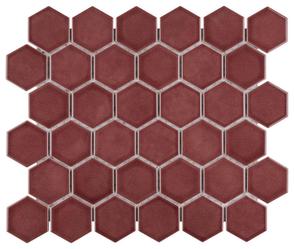 Tribeca 2" Hex Porcelain Mosaic Floor and Wall Tile, Glossy Rusty Red