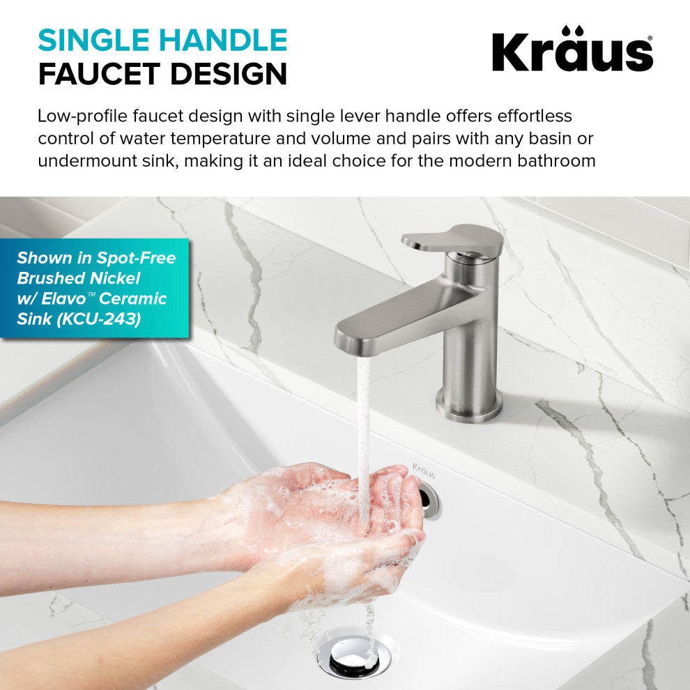KRAUS Indy Single Handle Basin Bathroom Faucet Spot Free BBMB, Pop Up Drain