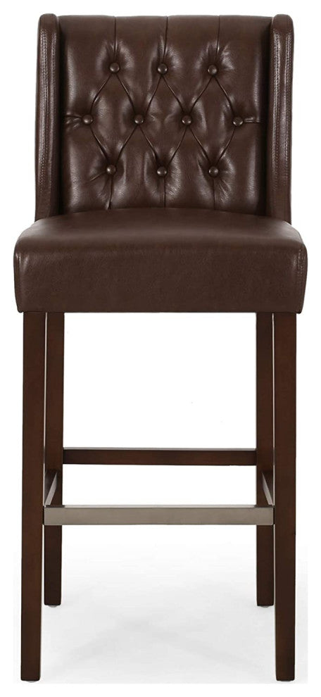 Set of 2 Contemporary Wingback Barstools with Diamond Button Tufting, Dark Brown