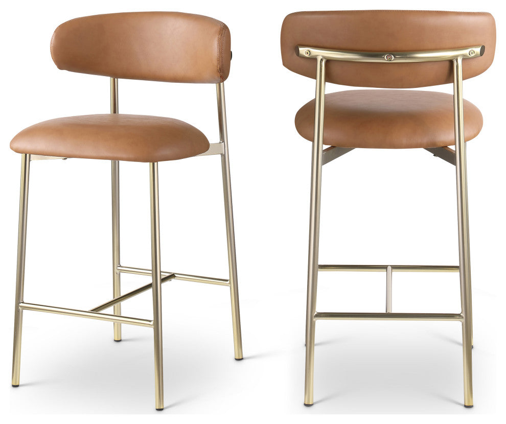Lupita Upholstered Counter Stool, Cognac, Vegan Leather, Brushed Gold, Set of 2