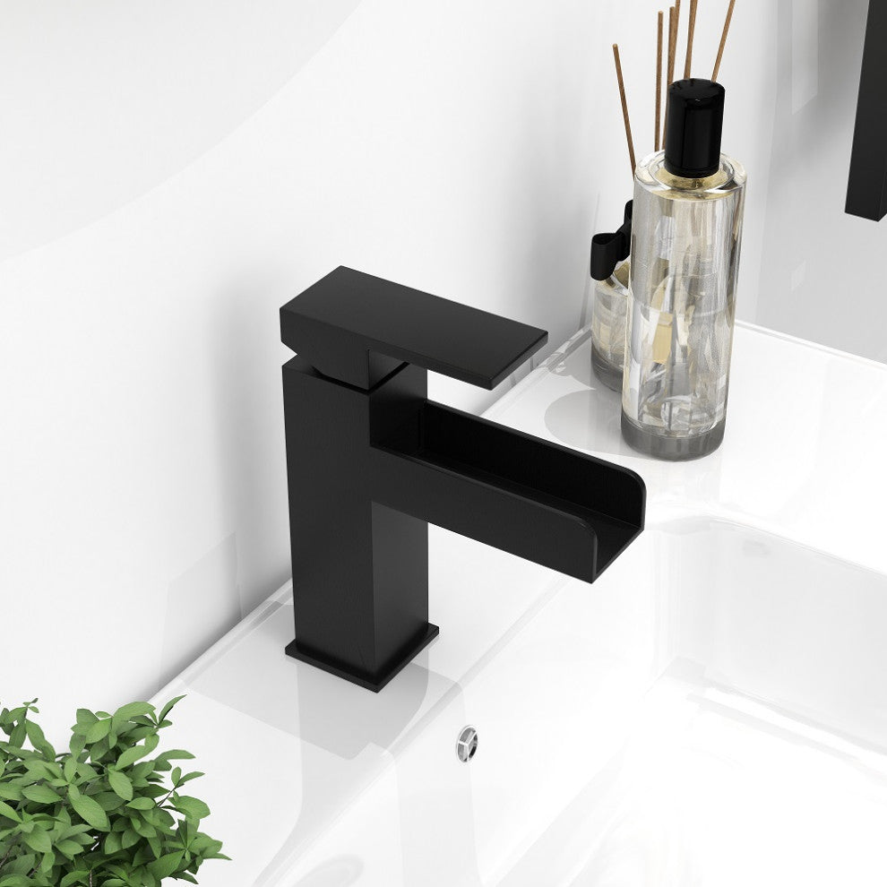 Modern Single Handle One Hole Waterfall Bathroom Sink Faucet Solid Brass, Matte Black