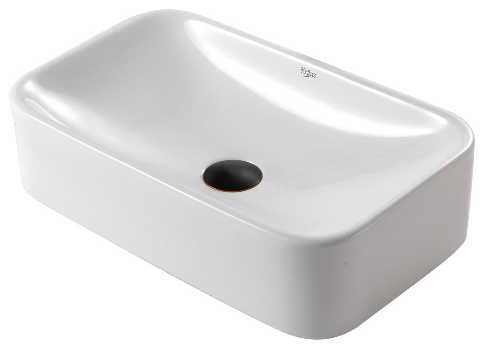 Elavo Ceramic Rectangle Vessel White Sink, PU Drain Oil Rubbed Bronze