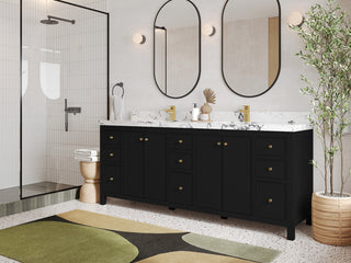 Chicago 84" Double Sink Bathroom Vanity, Black 2" Carrara Quartz