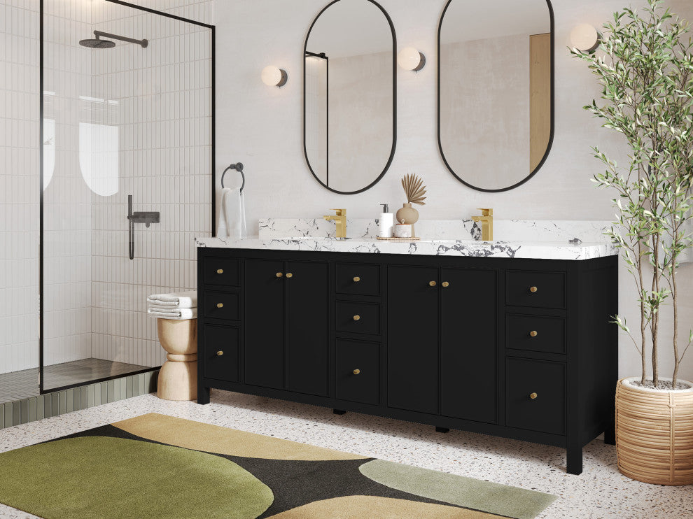 Chicago 84" Double Sink Bathroom Vanity, Black 2" Carrara Quartz