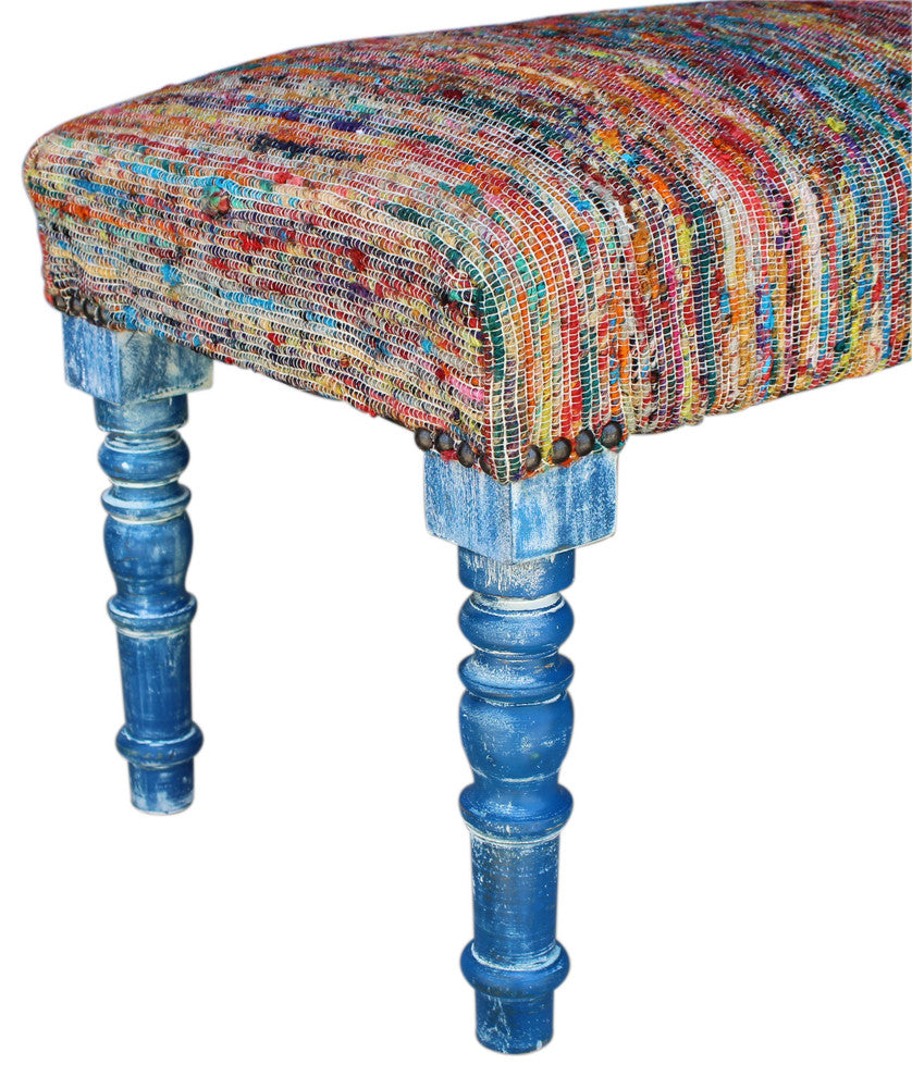 Colorful Chindi Bench with Blue Legs, 47" Length