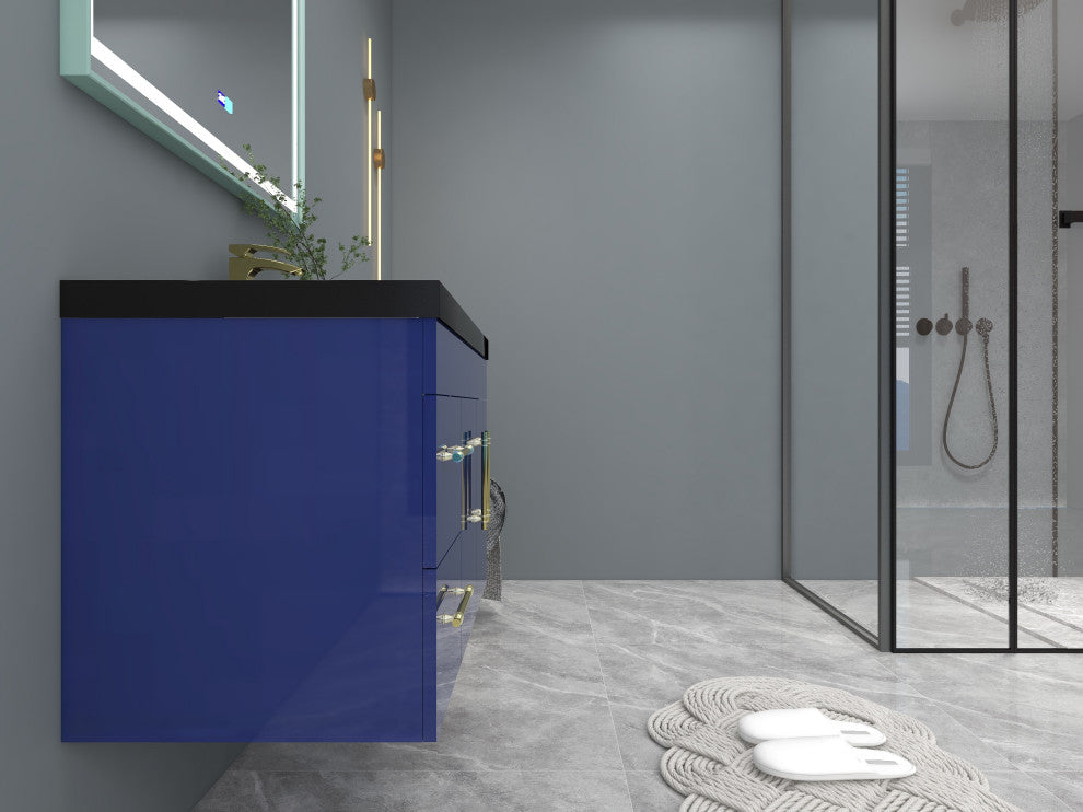 Rosa 36" Wall Mounted Modern Vanity, High Gloss Night Blue, Matt Black Top
