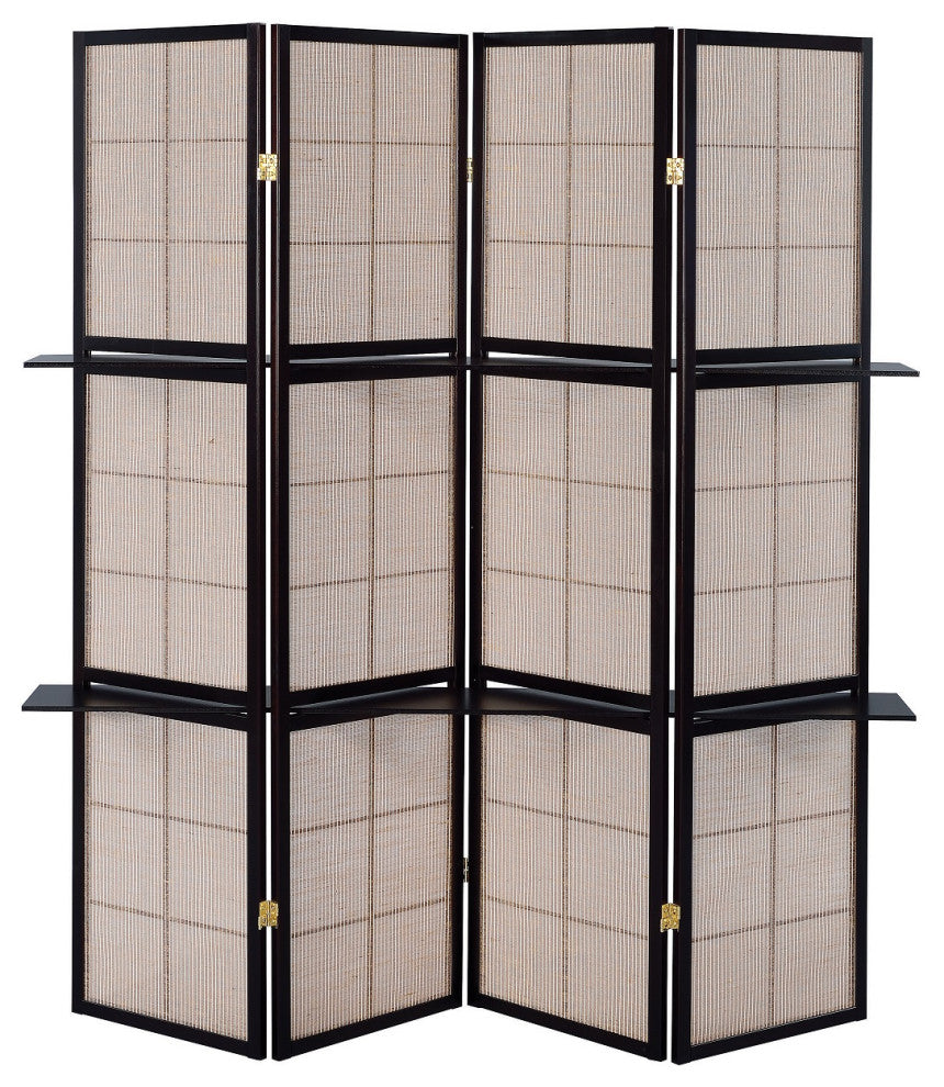 4 Panel Screen with 4-Shelf, Tan and Cappuccino
