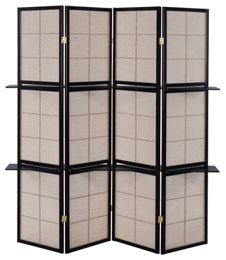 4 Panel Screen with 4-Shelf, Tan and Cappuccino