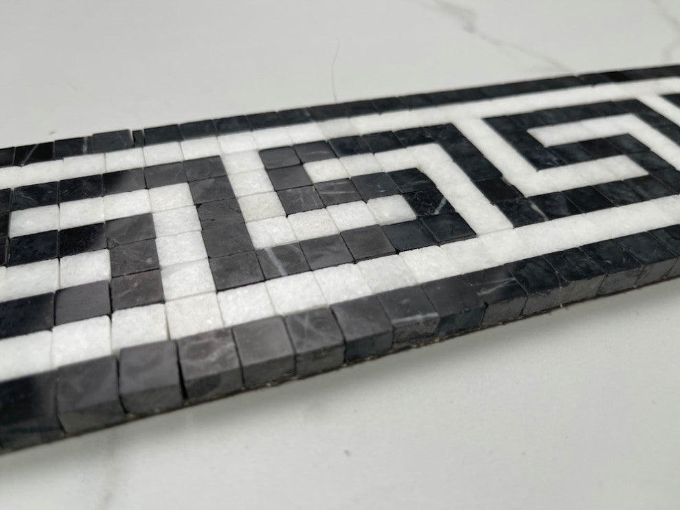 Greek Key Thassos White Nero Marquina Black Marble Mosaic Border Tile, 1 piece