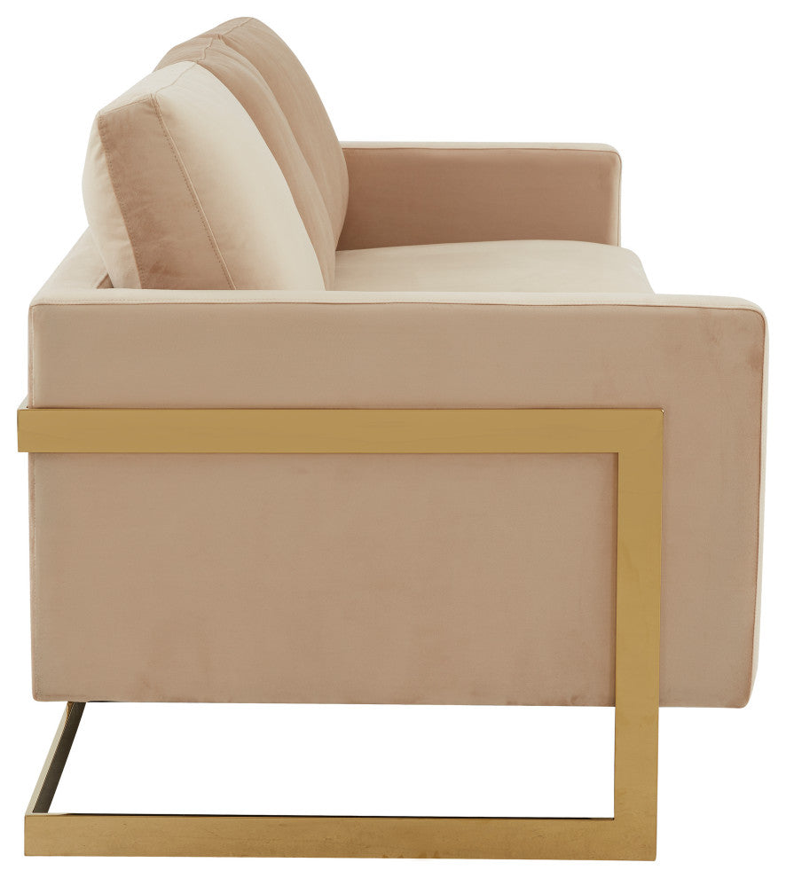 LeisureMod Lincoln Modern Velvet Sofa With Gold Frame, Beige