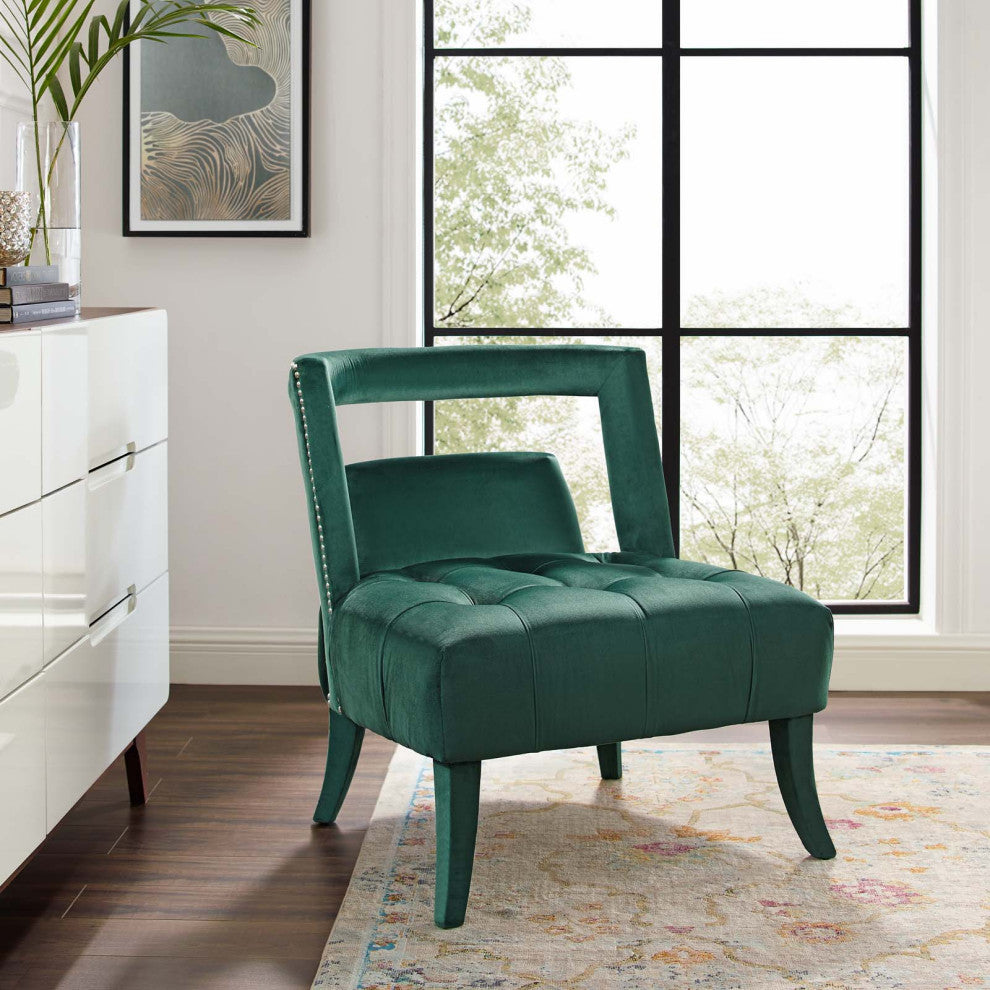 Modern Designer Lounge Accent Side Chair Armchair, Velvet Fabric, Green