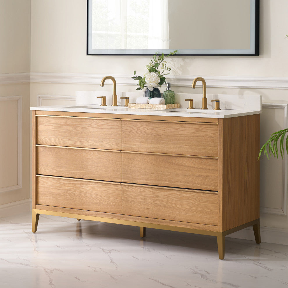 Nolan Freestanding Bathroom Vanity with Quartz Top, Light Oak, 60"