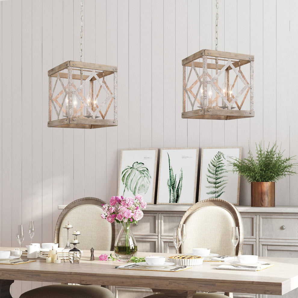 LALUZ 4-Lights Antique White Wood Farmhouse Square Chandelier