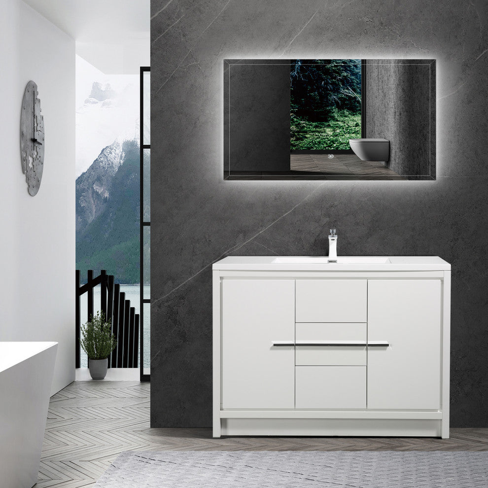 Freestanding Bath Vanity Set, HG-White, Integrated Solid Surface Sink, 48"