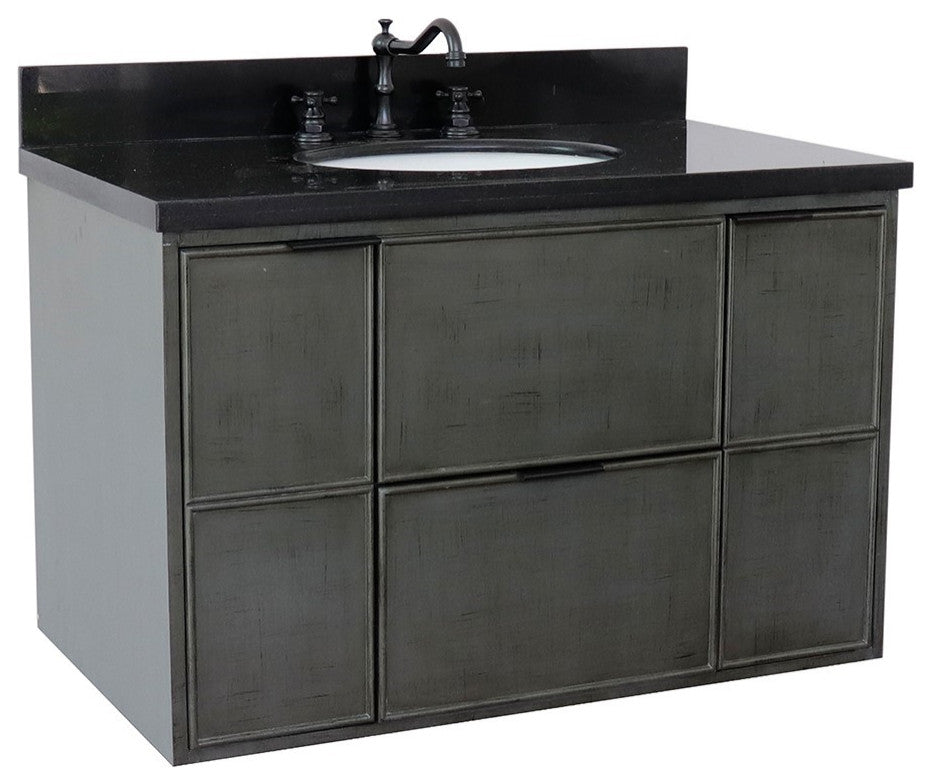 37" Single Wall Mount Vanity, Linen Gray Finish With Black Galaxy Top