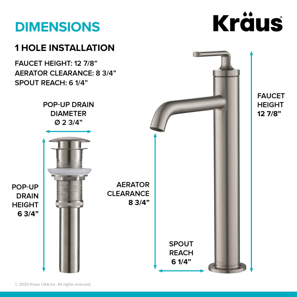 Kraus Ramus Single Handle Vessel Faucet, Pop Up Drain, Spot Free Steel, Set of 2