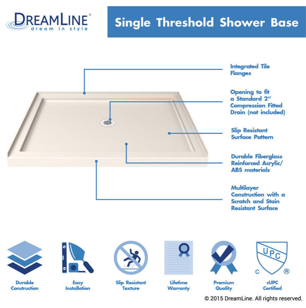 DreamLine SlimLine 34x42x2 3/4 Center Drain Single Threshold Shower Base Biscuit