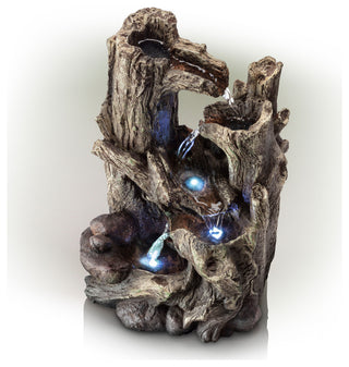 Alpine 5-Tiered Rainforest Tree Trunk Tabletop Fountain, LED Lights, 14" Tall