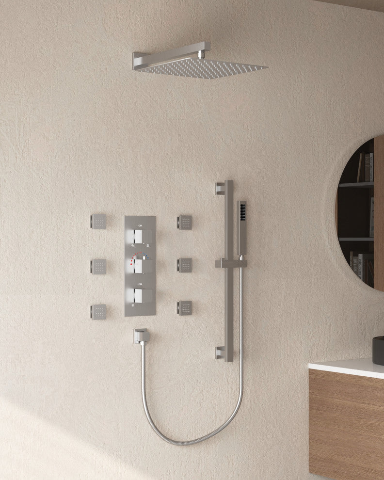 Thermostatic Shower Faucet 12" Rain Shower Head with Handheld Slide Bar System, Brushed Nickel