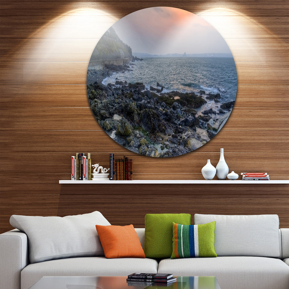 Dark Rocky Seashore Sunrise, Seashore Large Disc Metal Wall Art, 23"