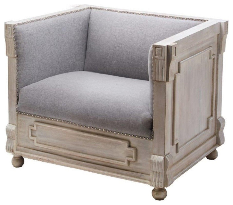 White Wash Carved Wood Upholstered Lounge Accent Chair Bohemian Style